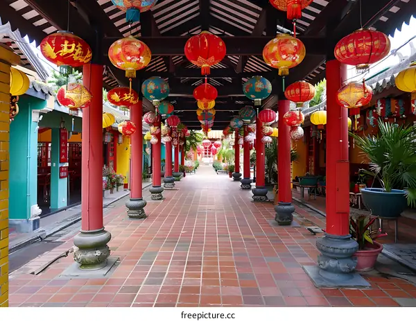 A covered walkway with red pillars and colorful lanterns