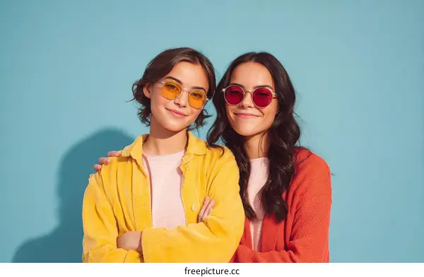 Two young women friends posing in colourful outfits