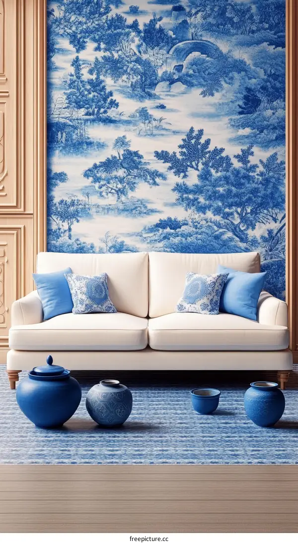 Elegant Living Room with Blue and White Decor