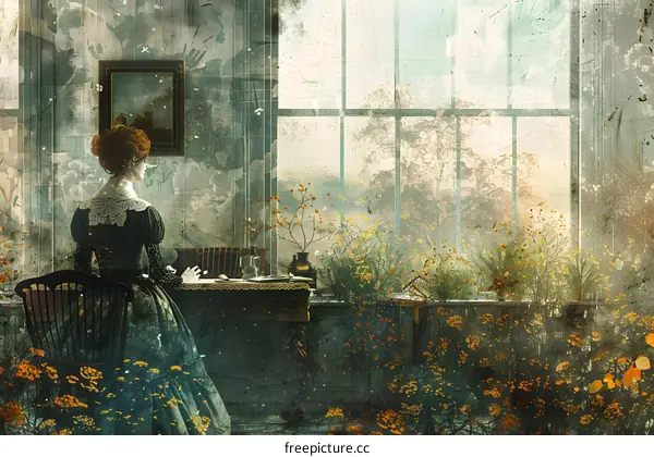 Lady in Victorian dress sitting at a desk writing in a journal