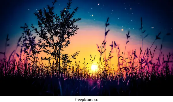 Silhouettes of Grass and a Tree at Sunset with a Starry Sky