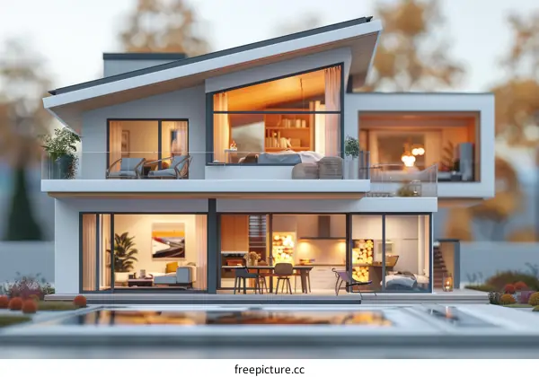 3D rendering of a two-story modern house with a swimming pool