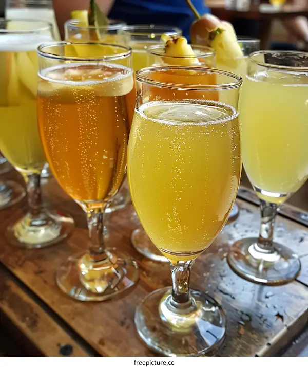 Closeup of Champagne Glasses Filled with Sparkling Wine on a Wooden Table