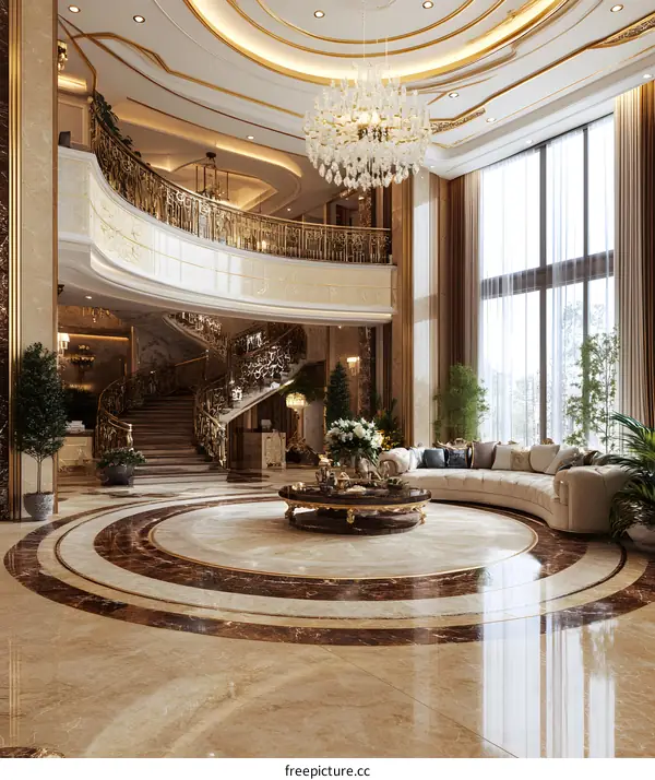 Luxury Interior Design with Grand Staircase and Chandelier