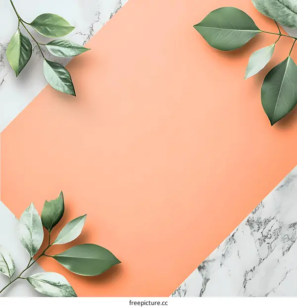 Peach and Marble Background with Green Leaves