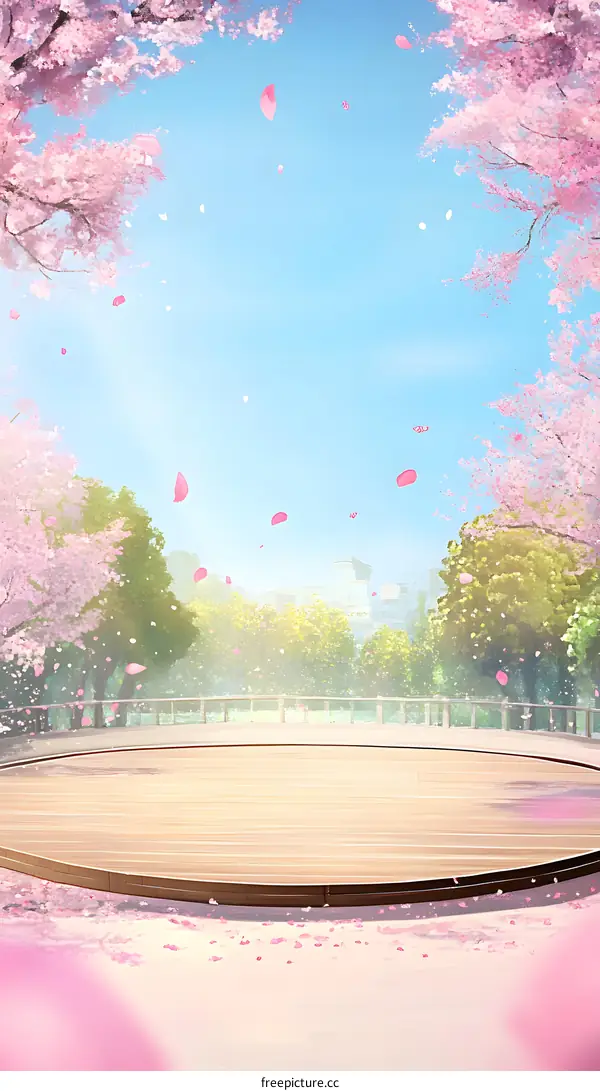Cherry Blossom Background Illustration with Empty Wooden Stage