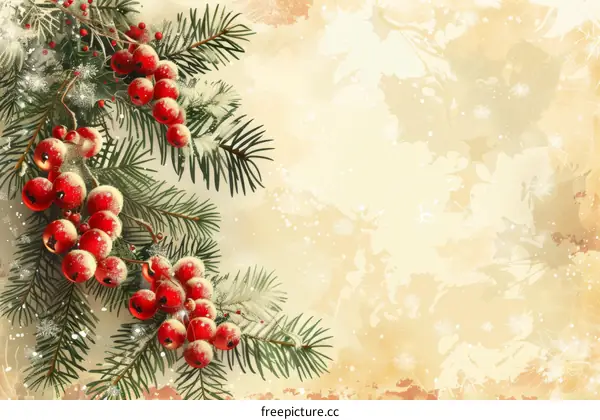 Christmas background with fir branches and red berries