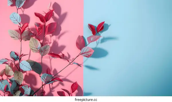 Pink and Blue Background with Leaves