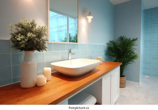 Modern Light Blue Bathroom Vanity with Wooden Countertop