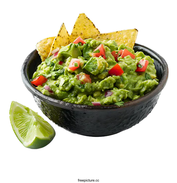 [Transparent Background PNG]A bowl of fresh guacamole with tortilla chips and a lime wedge.