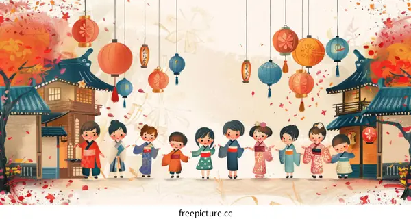 A group of children in kimonos celebrate a festival in a traditional Japanese town