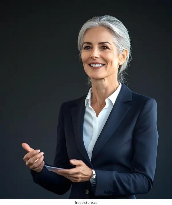 Smiling Businesswoman in Suit Speaking to Audience