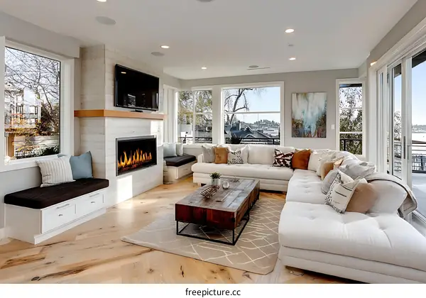Modern Living Room with Fireplace and Water Views