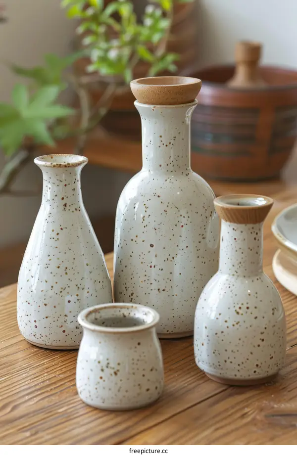 Four ceramic containers with wooden lids sit on a wooden table.