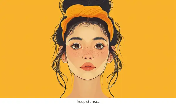 Portrait of a young woman with freckles and a yellow headband