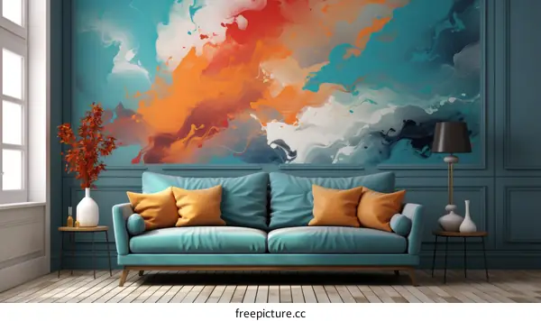 Abstract Blue and Orange Painting in Modern Living Room