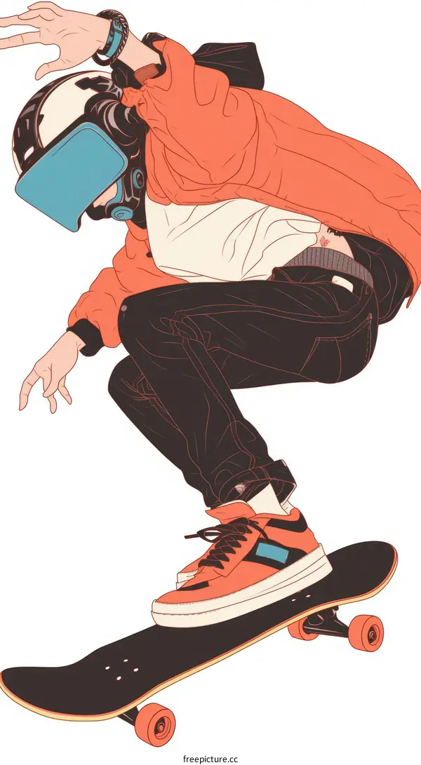 A young man in a red jacket and blue helmet skateboarding