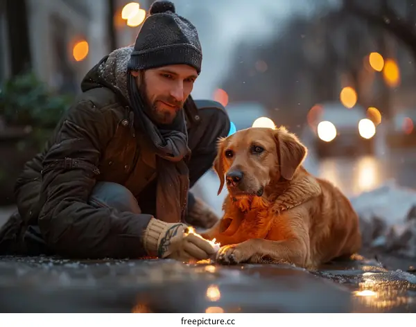 A man kneels in the wet city street petting a dog.