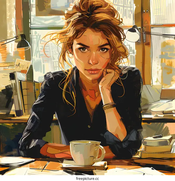 portrait of a beautiful young woman sitting at a desk looking at the camera