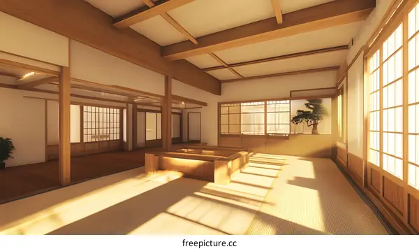 Traditional Japanese House Interior Design with Wooden Beams and Tatami Mats