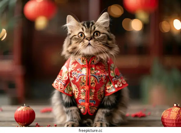 A cute cat wearing a red Chinese traditional jacket
