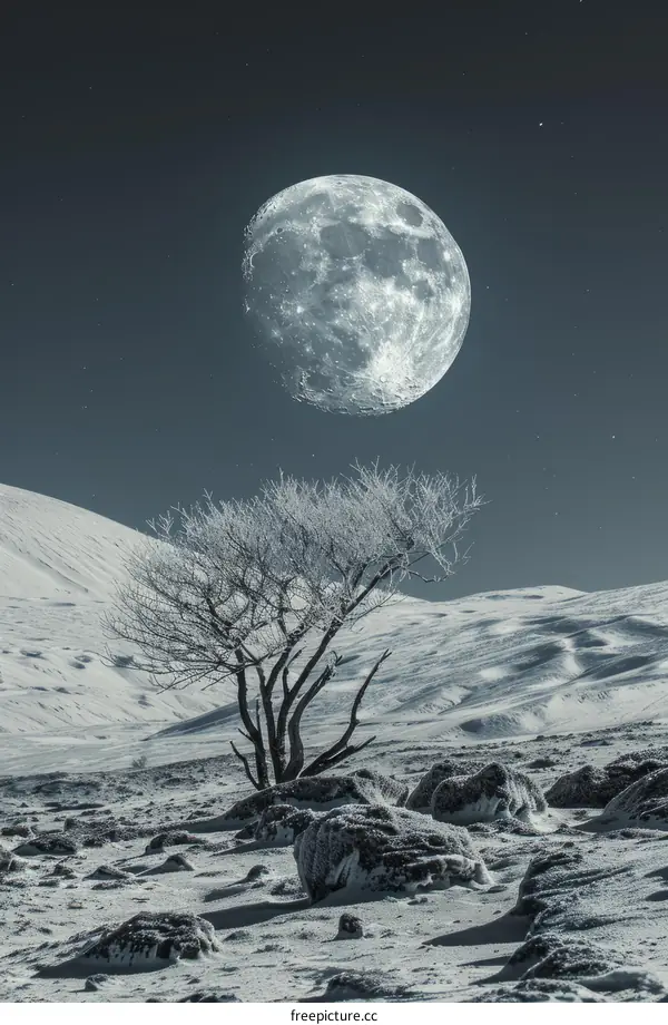 Moonlit Winter Landscape with Snowy Mountains and Trees