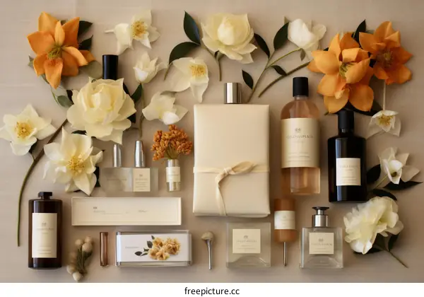 Luxurious Natural Skincare Products with White and Orange Flowers