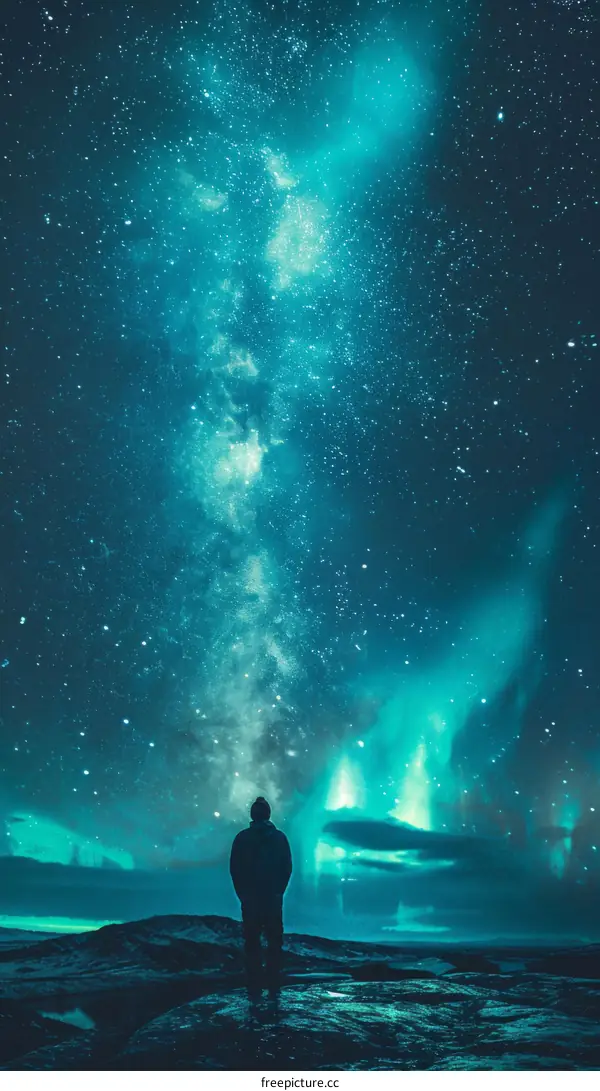 Man looking up at the aurora borealis
