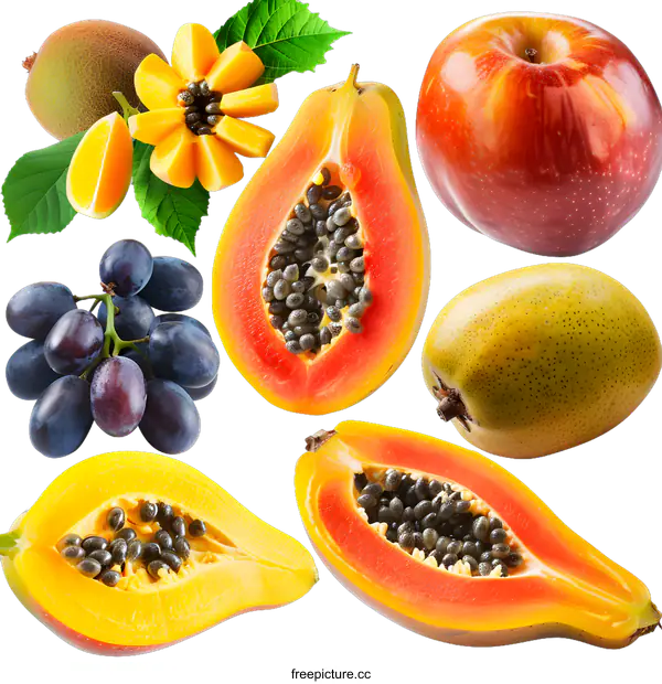 [Transparent Background PNG]Fresh Fruit Collection: Papaya, Apple, Grapes, Kiwi