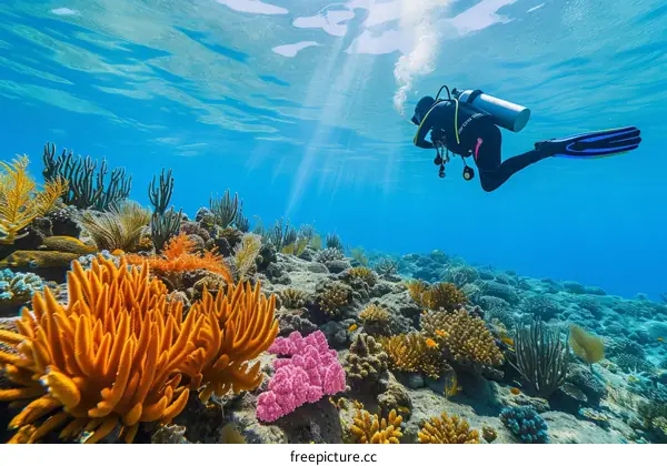 Scuba diver exploring a coral reef