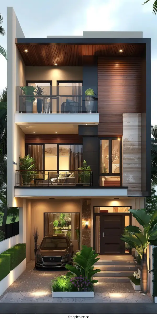 Modern Minimalist Villa Exterior with Balcony and Stairs