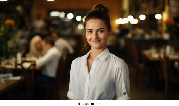 Portrait of a young waitress standing in a restaurant