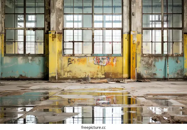 Abandoned Factory Building with Broken Windows