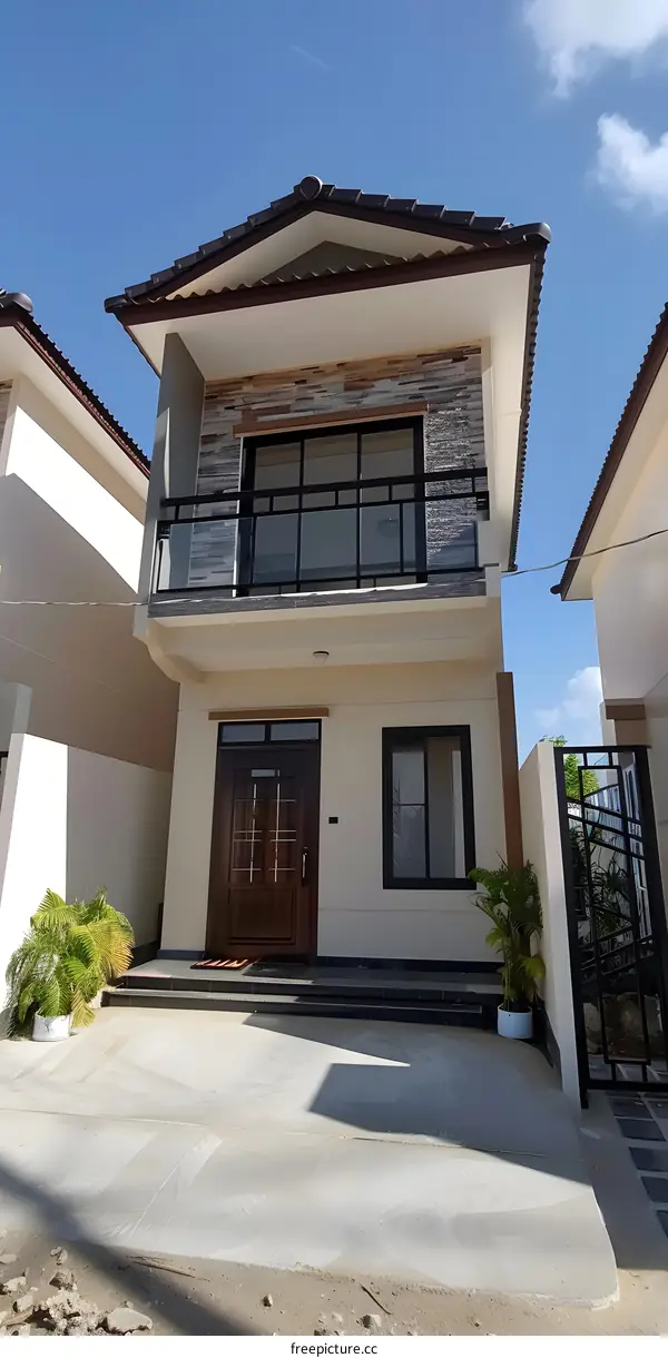 Modern Two Story House with Balcony and Brown Wooden Door