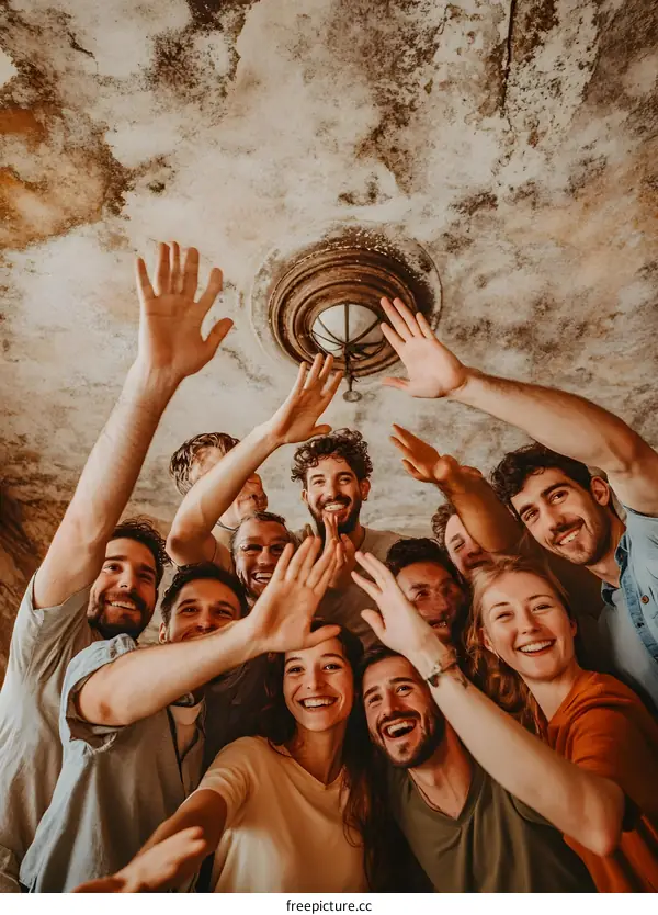 Group of Happy Friends Wave Their Hands In Celebration