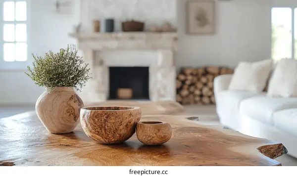 Wooden Bowls and Vase on Wooden Table in a Modern Living Room