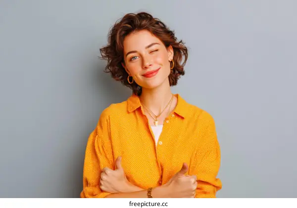 Smiling Woman in Fashionable Yellow Shirt