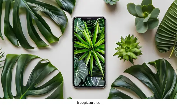 Green Leaves and a Phone with a Tropical Wallpaper