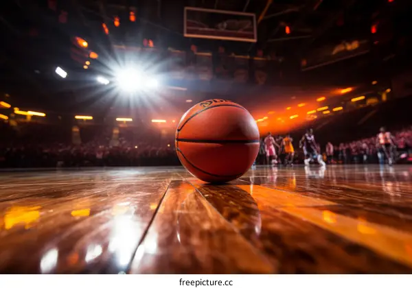 Basketball court with a basketball on the floor