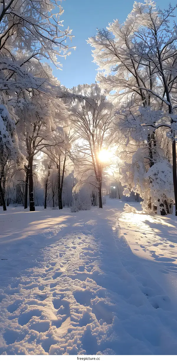 Snowy Forest Path with Sun Shining Through the Trees