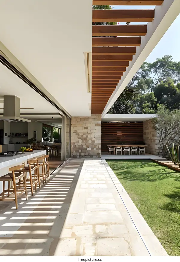 Modern House Design with Wooden Pergola and Stone Wall