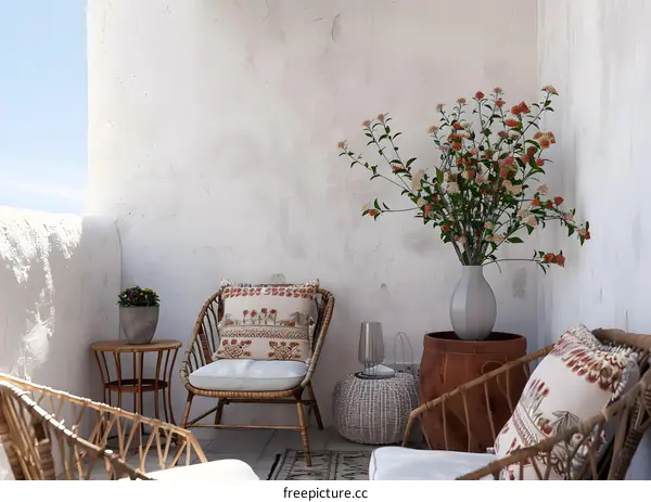 Bohemian Balcony with Wicker Chairs and Flowers