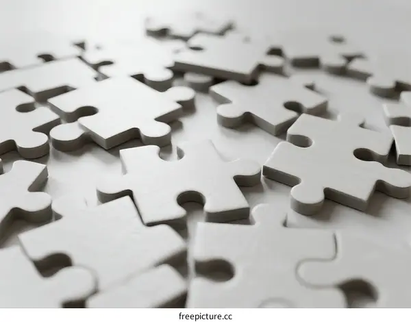 A close-up view of white puzzle pieces scattered on a white surface