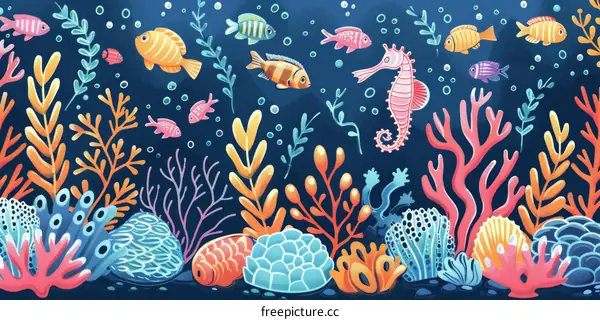 Underwater scene with various fish and sea plants