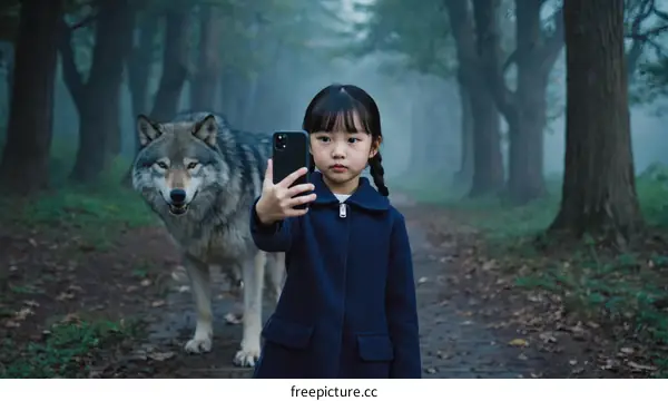 Girl Taking Selfie with Wolf in Foggy Forest