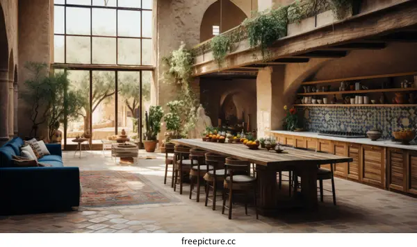 Modern rustic kitchen and dining room with large windows and wooden table