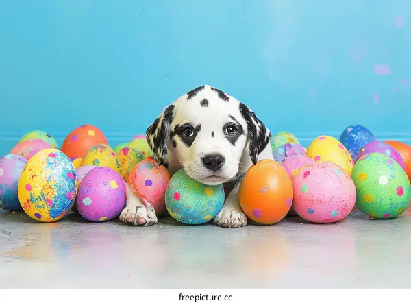 Adorable Dalmatian Puppy Surrounded by Colorful Easter Eggs