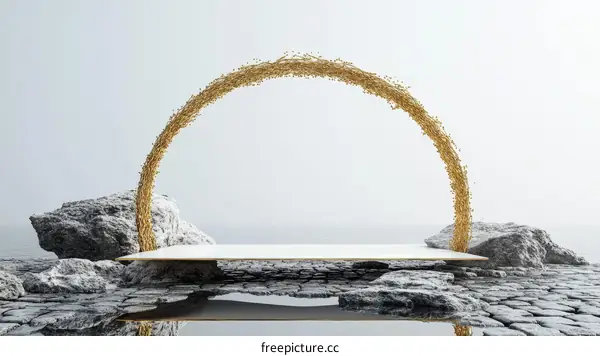 Elegant Gold Arch Display Platform on Rocky Beach