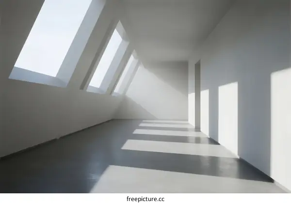 Bright and spacious white interior with slanted windows letting in light