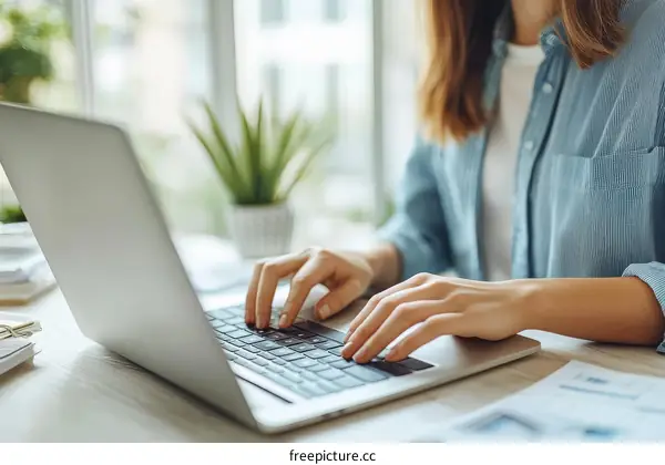 Woman Working on Laptop at Home Office